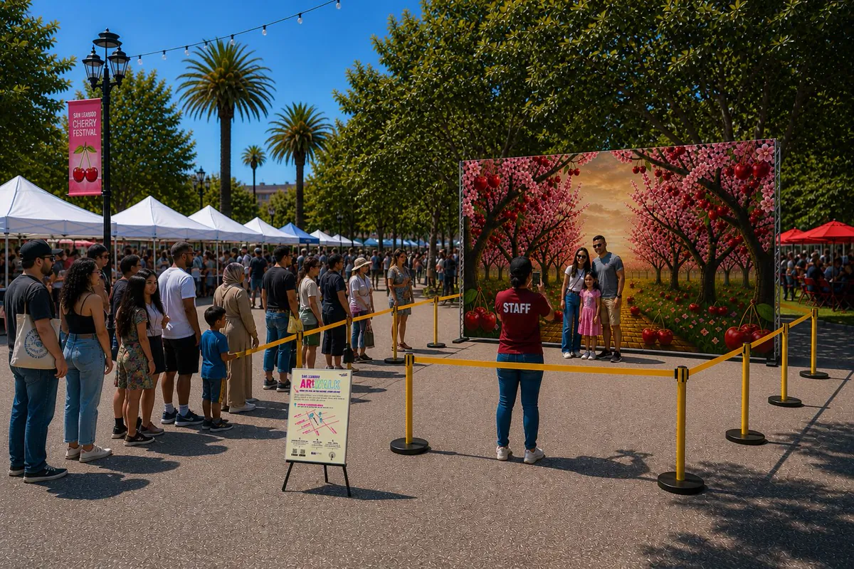 The printed backdrop at the festival with visitors lined up