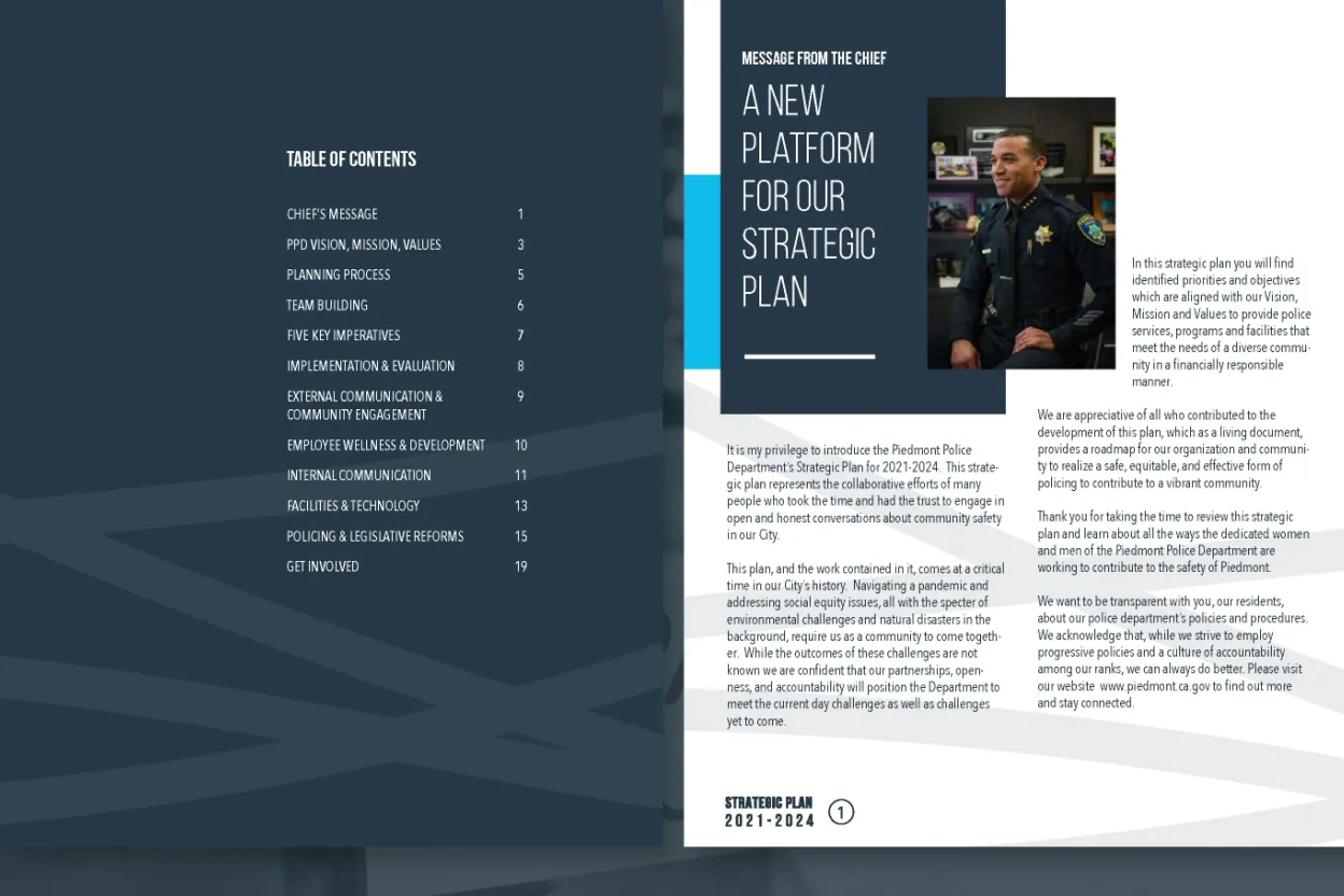 The Piedmont Police Department strategic plan open at the chief's message