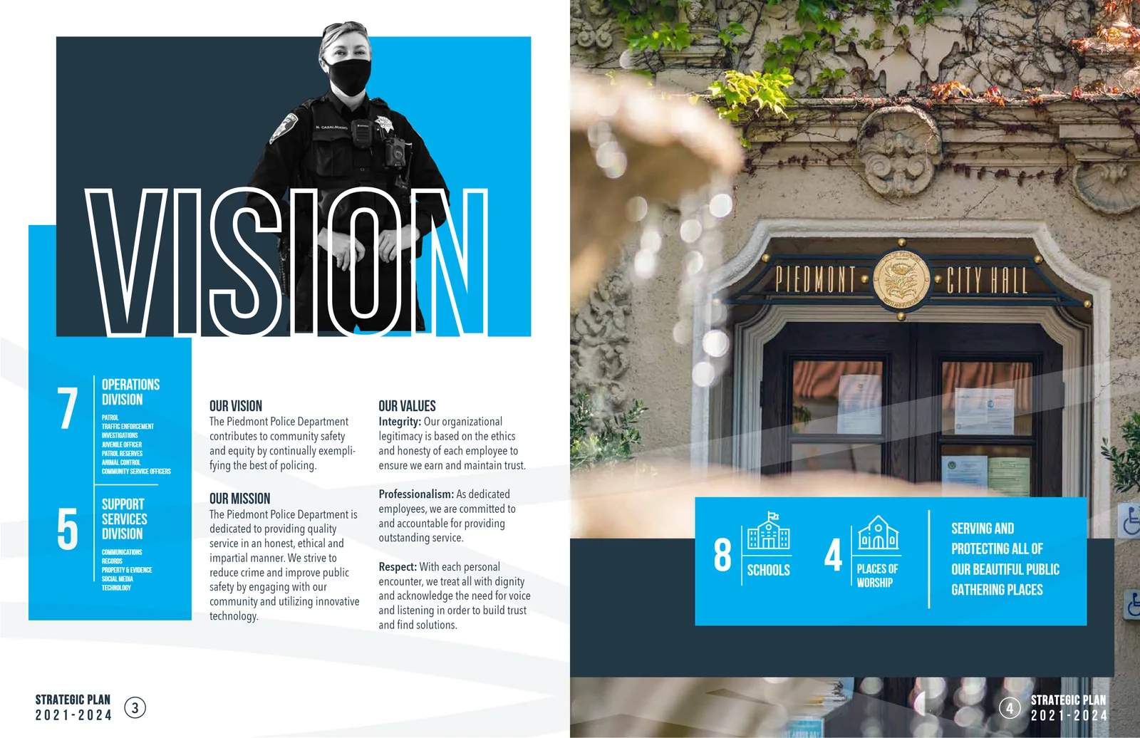 The Vision spread of the Piedmont Police Department strategic plan: vision, mission, values and the department's divisions