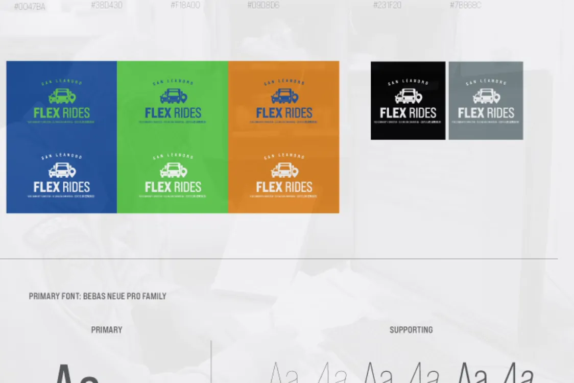 Flex Rides colour usage sheet: the mark on blue, green and orange