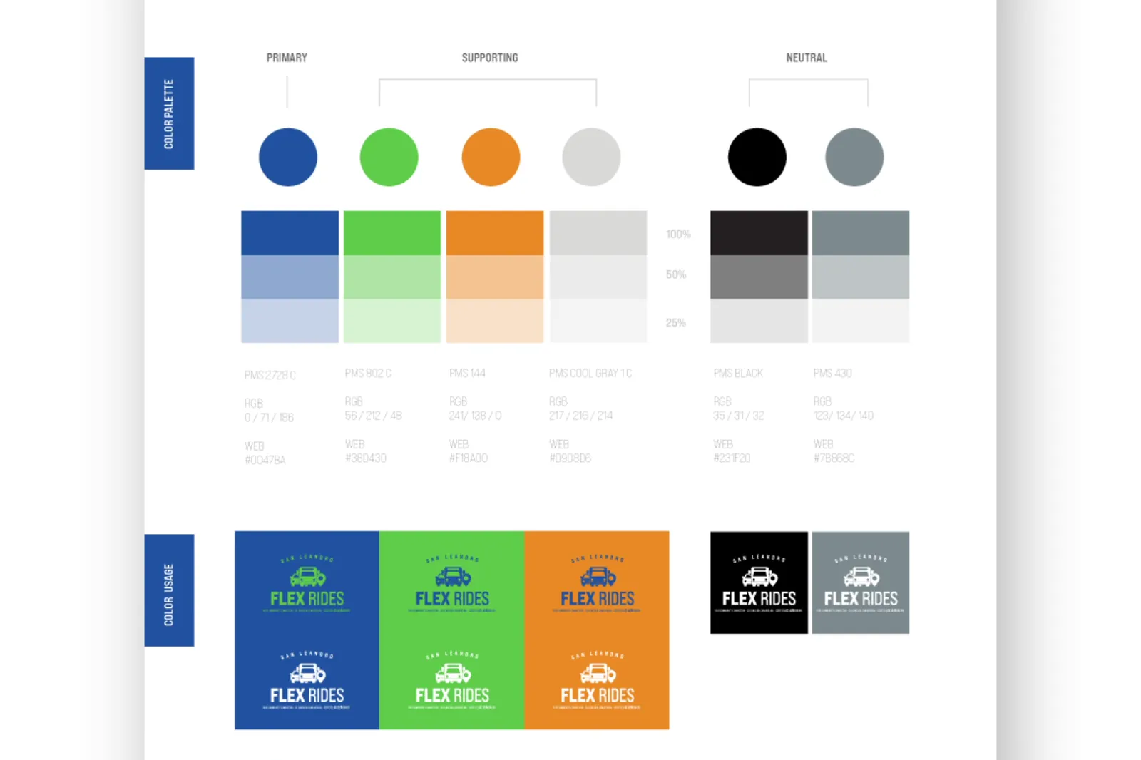 Flex Rides brand sheet: the colour palette and the mark on blue, green, orange, black and grey